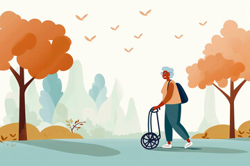 Generative Ai of old woman walking helped by a walker - obrazy, fototapety, plakaty