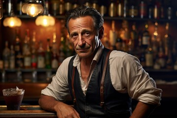 Fototapeta premium Portrait of a serious middle-aged Italian bartender, who looking at camera while standing behind the counter of his establishment.
