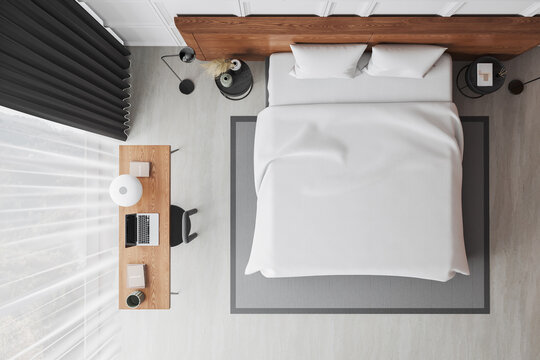 White pattern wall bedroom interior with table, top view