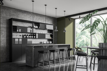 Luxury bar interior with counter, shelf and dining table near panoramic window