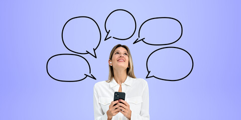 Businesswoman with smartphone in hands, smiling with copy space clouds