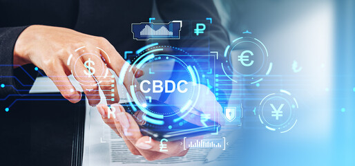 Businesswoman finger touch phone, digital cbdc hologram with graph chart