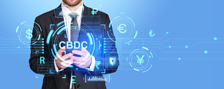 Businessman using phone, central bank digital currency hologram - Powered by Adobe