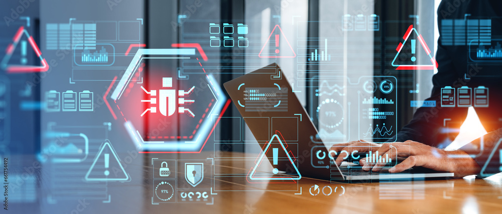 Poster man hands with laptop and cybersecurity bug interface