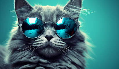images of fluffy cats with sunglasses on a blue background. Pet on a blue background. Studio shooting. White and gray cat. Free space. Blue sunglasses. a cat wearing sunglasses on a sunny background.