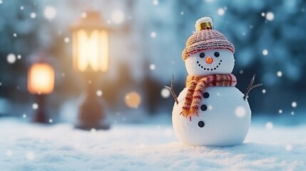 Christmas decoration with a cute cheerful snowman in the snow in a winter park with beautiful bokeh