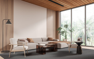 Beige and wooden living room corner with couch