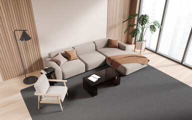 Top view of modern living room interior with soft place and decoration, window