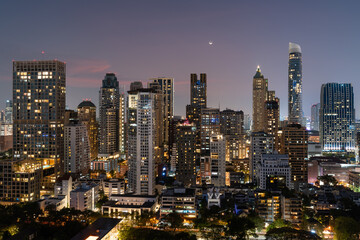 Fototapeta na wymiar Panoramic view on night Bangkok skyline, skyscrapers and lights