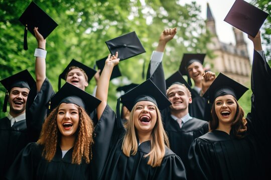 Caucasian Graduates Celebrating With Their Graduation Caps And Certificates, Laughing And Cheering At The Graduation Ceremony