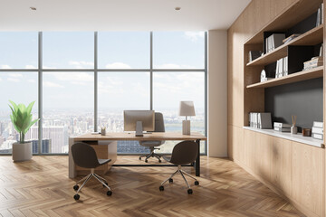 White and wooden CEO office interior with bookcase