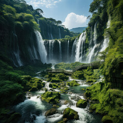 Fototapeta premium Amidst the emerald canopy a waterfall 
