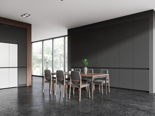 Grey home kitchen room interior with eating table and seats, panoramic window
