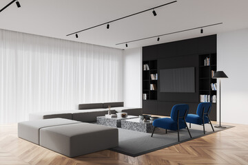 Cozy home living room interior with couch and tv screen, decoration and window