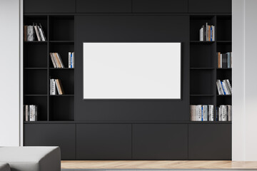 Living room interior with tv console, shelf with art decoration, mockup screen