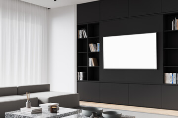 Modern living room interior with tv display, sofa and decoration, mockup screen