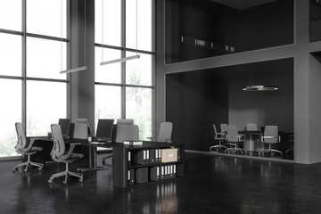 Gray open space office and board room interior