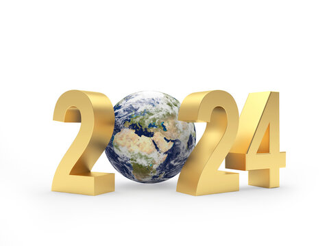 Golden number 2024 with planet Earth. 3d illustration. Elements of this image courtesy of NASA. 
