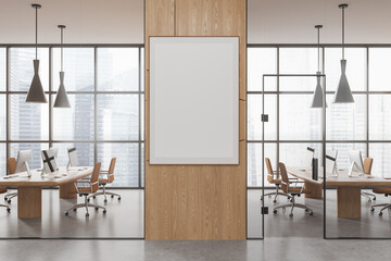 Modern office interior with pc display and panoramic window. Mockup frame - obrazy, fototapety, plakaty