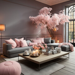 A pink and grey living room. 
