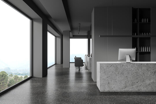 Grey salon interior with reception desk, beauty care space and panoramic window