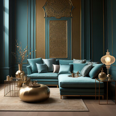  A turquoise and gold living room
