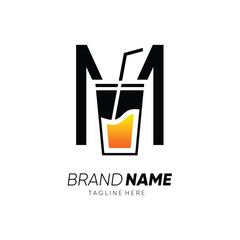 Letter M with Glass or Drinking Water Cup Logo Design Vector Icon Graphic Emblem Illustration