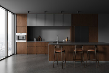 Grey home kitchen interior bar counter and cooking area, panoramic window