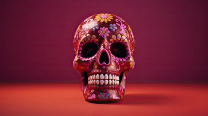 A single sugar skull or Catrina on a light maroon background or wallpaper