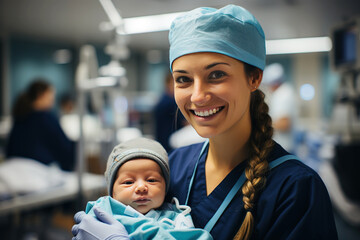 Female nurse taking care of a newborn baby. Generative AI