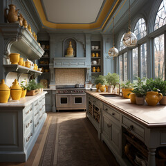  A yellow and gray classic kitchen. 
