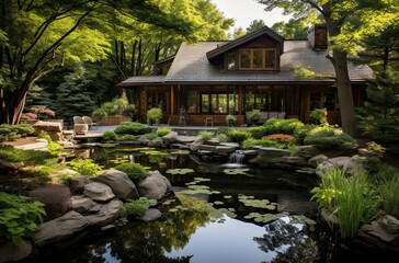 beautiful wooden house in the garden next to a small pond in japanese style