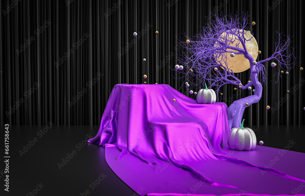 Poster halloween background with a podium for product display. 3d rendering.