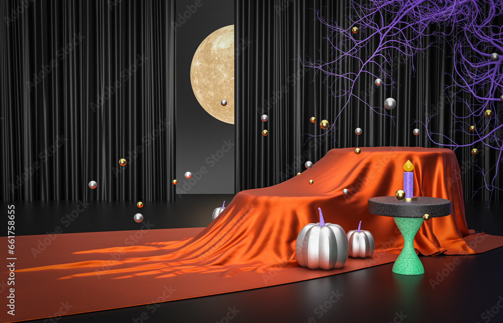 Poster halloween background with a podium for product display. 3d rendering.