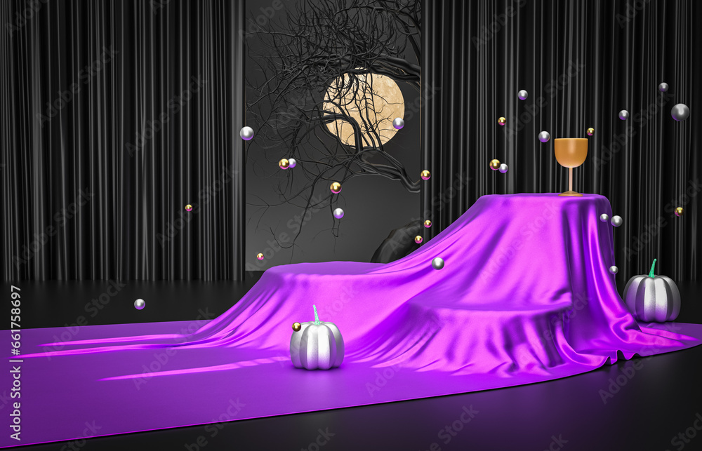 Poster halloween background with a podium for product display. 3d rendering.