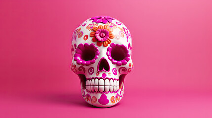 A single sugar skull or Catrina on a vivid pink background or wallpaper