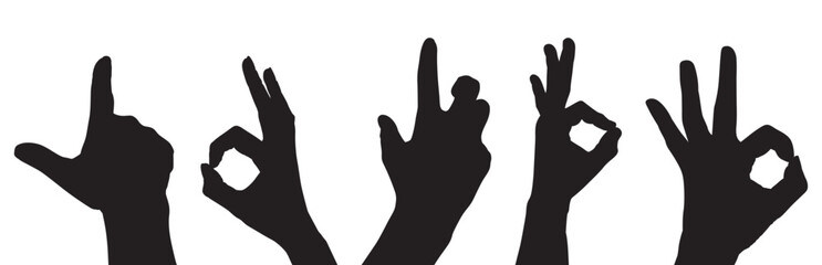 set of hand silhouettes isolated on white, Human hand gestures, collection of black hands, flat, silhouette hands pose collection, Vector illustration.