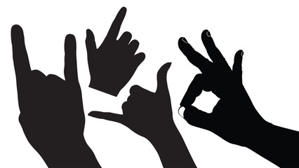 set of hand silhouettes isolated on white, Human hand gestures, collection of black hands, flat, silhouette hands pose collection, Vector illustration.