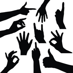 set of hand silhouettes isolated on white, Human hand gestures, collection of black hands, flat, silhouette hands pose collection, Vector illustration.