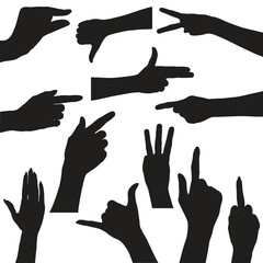 set of hand silhouettes isolated on white, Human hand gestures, collection of black hands, flat, silhouette hands pose collection, Vector illustration.