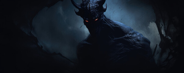 Dark menacing devil figure shrouded in shadows - obrazy, fototapety, plakaty