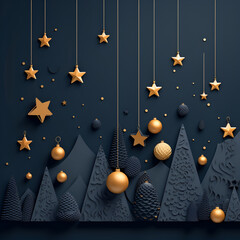 .Christmas greeting card with carved wood fir trees and pine cones and gold stars and Christmas decorations on a black background. Merry Christmas and Happy New Year.