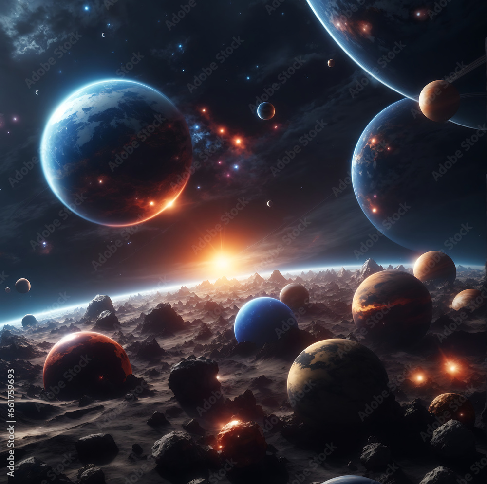 Sticker planetary collisions and explosions in space.generative ai