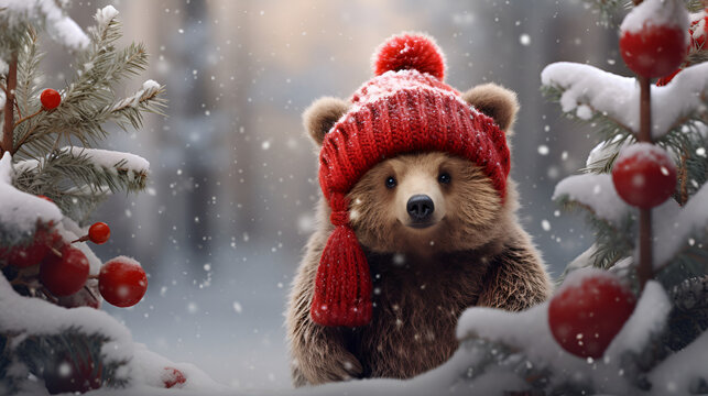 A cute brown grizzly bear cub with a Christmas red scarfed hat against the backdrop of a fabulous snowy forest with copy space. Cartoon illustration 3d. Christmas card.