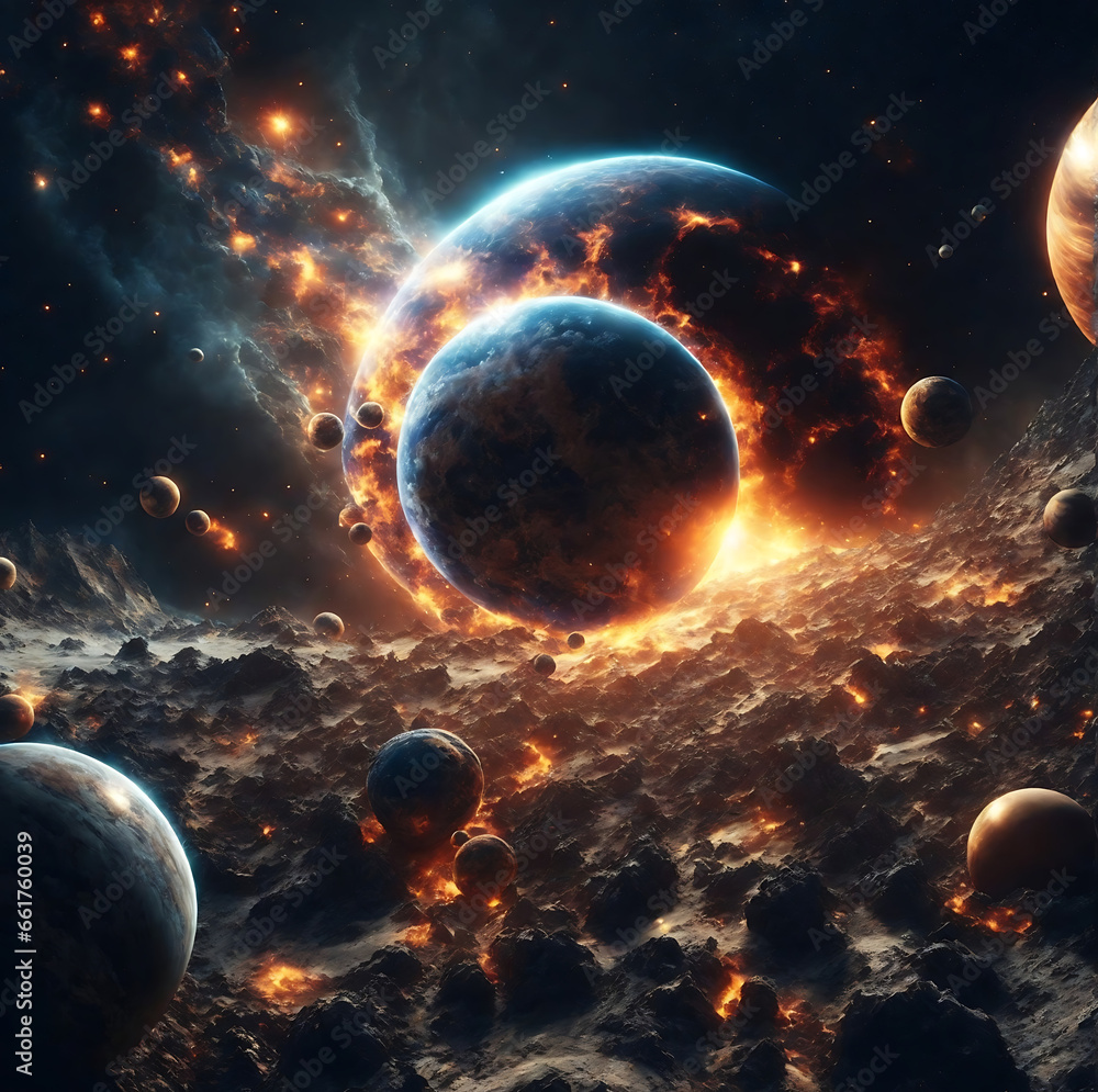 Wall mural planetary collisions and explosions in space.generative ai