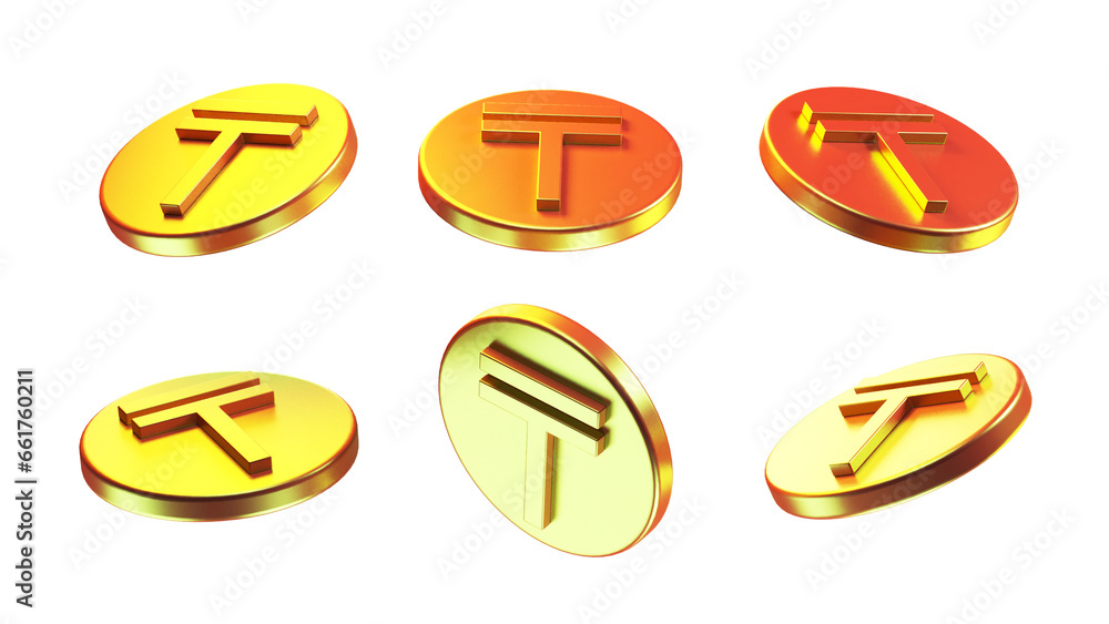 Poster 3d coin rendering illustration. coins isolated different views. set of colorful coins. tenge coin 3d