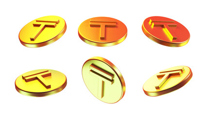 3d coin rendering illustration. coins isolated different views. set of colorful coins. tenge coin 3d