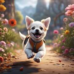 An AI-crafted image captures a delightful scene of a cute puppy, exuberantly running with a beaming smile, radiating pure happiness and boundless cheer - obrazy, fototapety, plakaty