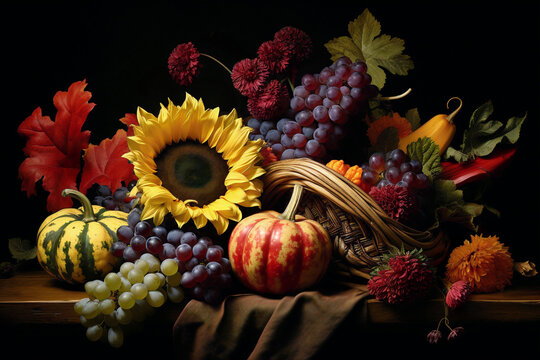 cornucopia basket of flowers, grapes, and produce for thanksgiving on dark black background