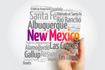List of cities in New Mexico USA state, map silhouette word cloud, map concept background